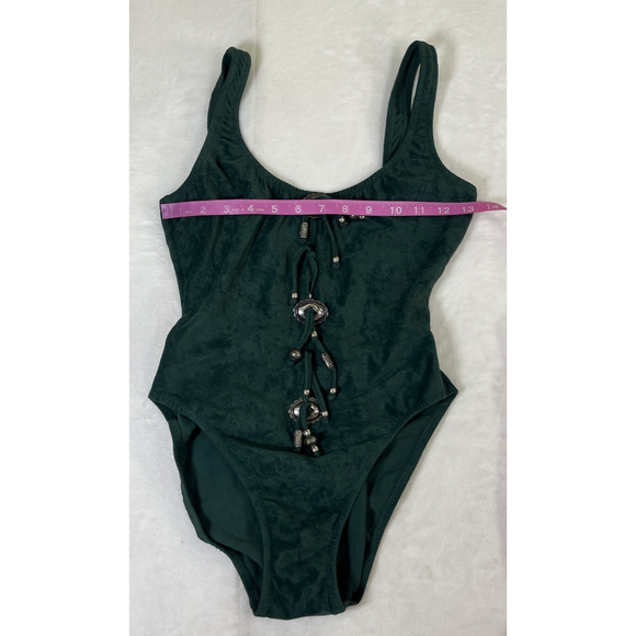 Vintage Acqua & Pelle sz. 10 Green Faux Suede Western Style 1-pc Bathing Suit - Picture 10 of 12